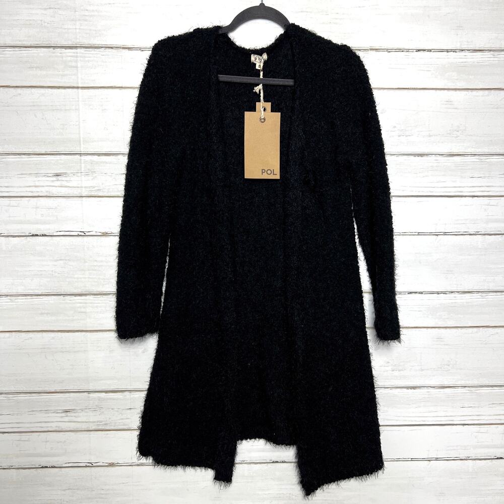 POL Black Long Cardigan Duster Small Eyelash Knit Open Front Sweater